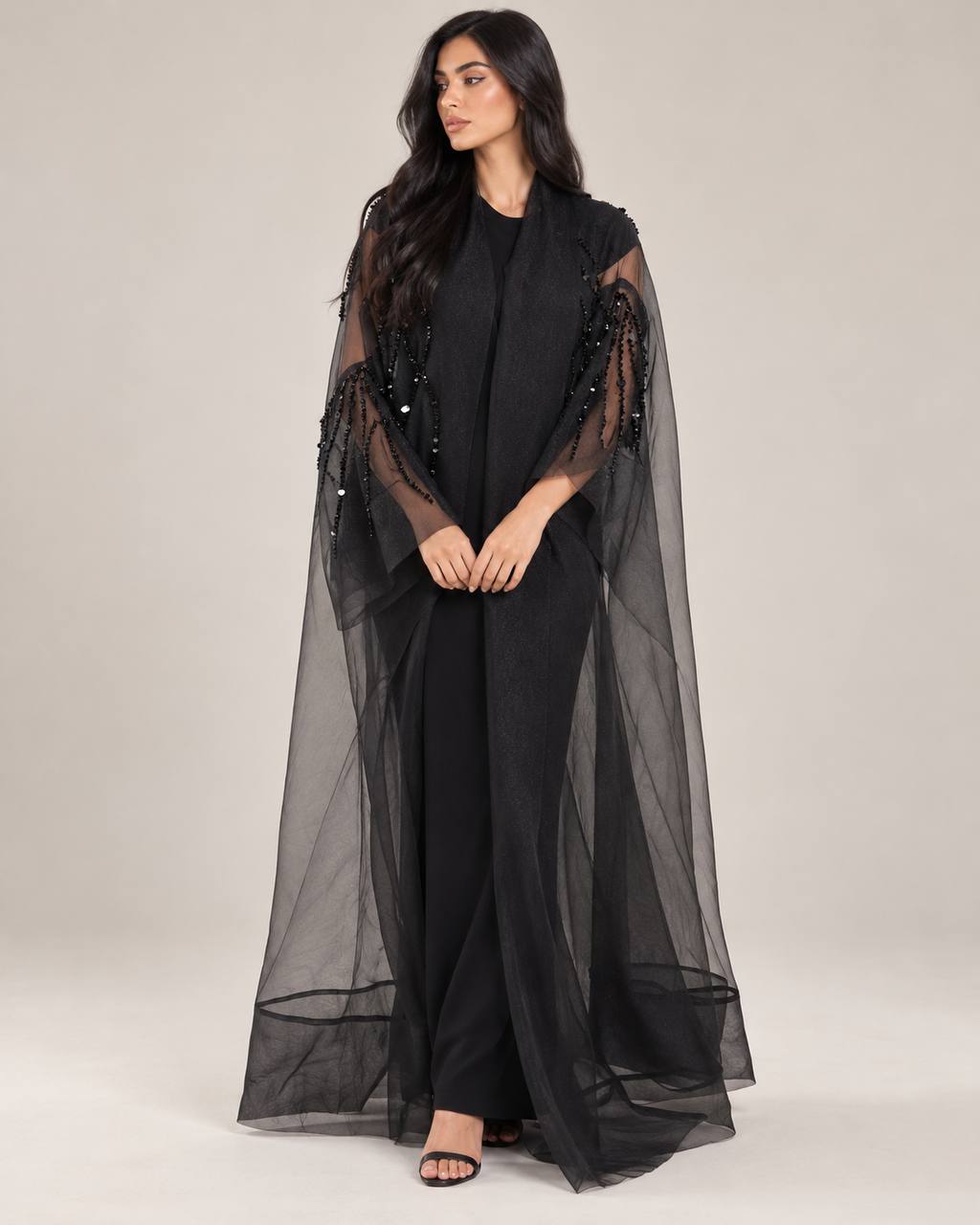 IMAGE 1405-08-09 11:48:14 Black Tulle Cape Abaya – Beaded Evening Abaya Dubai - Image 1